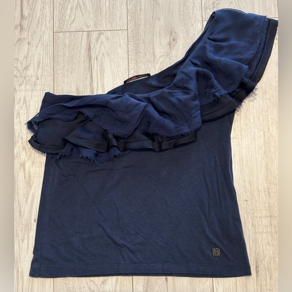 CH CAROLINA HERRERA Navy Blue One Shoulder Sleeveless Ruffle Top Size Medium - Picture 1 of 8
